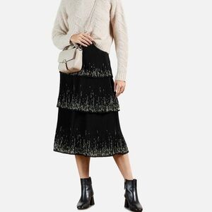 TED BAKER Women’s Carsena Papyrus Ditsy Tiered Pleated Skirt Black Size 4/Large